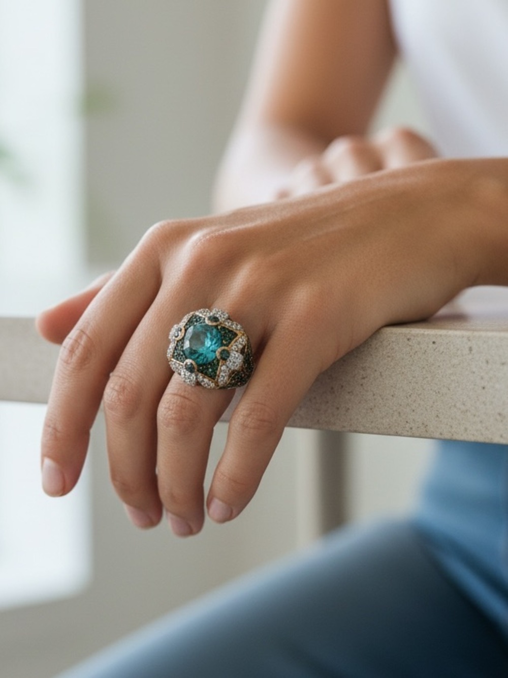 Vintage Blue Gemstone Cocktail Ring - Women Jewelry
